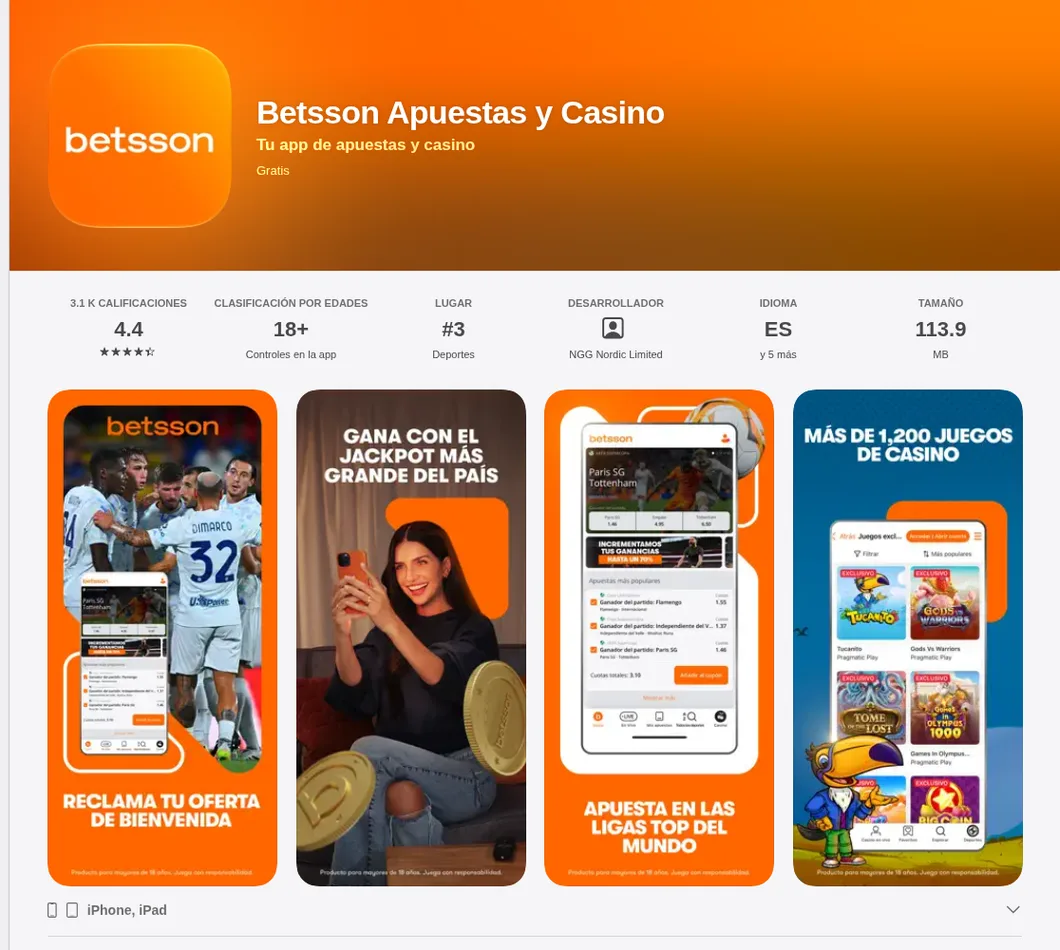 Ficha de Betsson Apuestas y Casino en la App Store de Chile: 4,4 estrellas, n.º 3 en Deportes y 113,9 MB