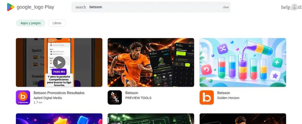 Búsqueda de betsson en Google Play Chile: apps llamadas Betsson de Aplied Digital Media, PREVIEW TOOLS, Golden Horizon, Golden Whisper, Secure Architecture y PLIUR