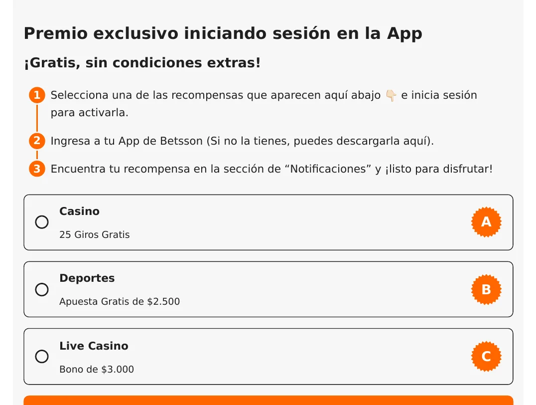 Promoción de Betsson Chile por iniciar sesión en la app: 25 giros gratis, apuesta gratis de 2.500 CLP o bono de 3.000 CLP en Live Casino
