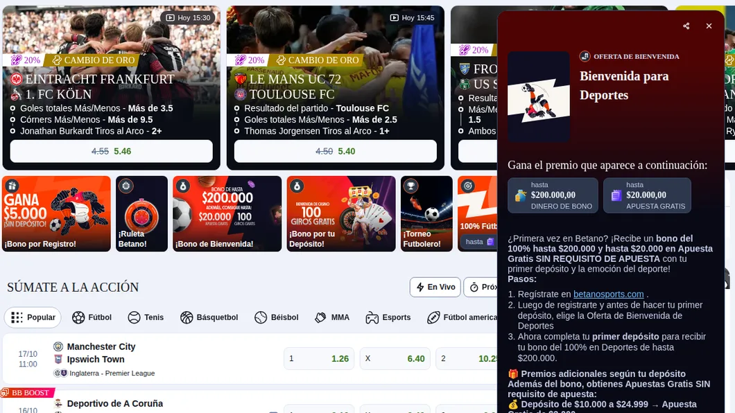 Portada de Betano Chile con los banners del bono por registro de 5.000, el bono de bienvenida de 200.000 y los giros gratis de casino