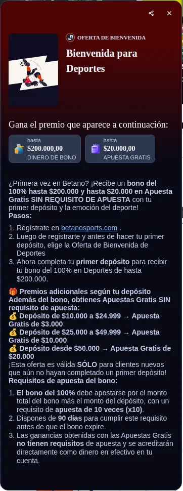 Panel oficial de la oferta de bienvenida de Betano Chile: 100% hasta 200.000 CLP y apuestas gratis de hasta 20.000