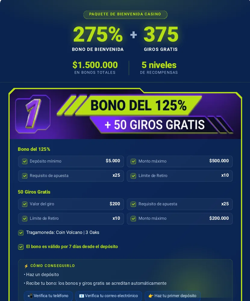 Términos oficiales del bono de casino de JugaBet: 275% más 375 giros gratis, 125% con rollover x25 en el primer depósito