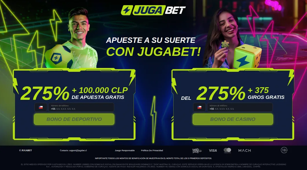Landing de JugaBet Chile con el bono de deportes de 275% más 100.000 CLP en apuestas gratis y el de casino de 275% más 375 giros gratis