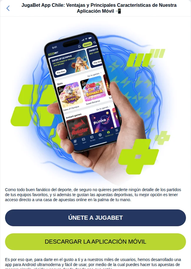 Página oficial de la JugaBet app vista desde Chile, con el botón «Descargar la aplicación móvil»