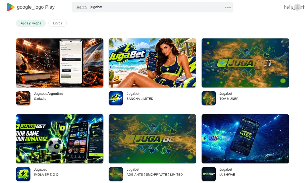 Búsqueda de jugabet en Google Play Chile: apps llamadas Jugabet de BANCHA LIMITED, TOV MUNER, IMOLA SP Z O O, ADGIANTS y LUSHWAE