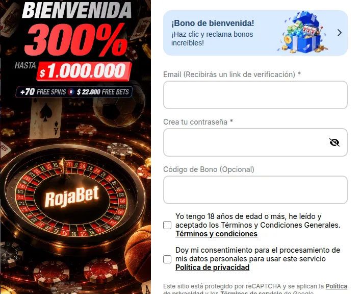 Registro de Rojabet con la casilla «Código de Bono (Opcional)» y la oferta de bienvenida del 300% hasta 1.000.000 CLP