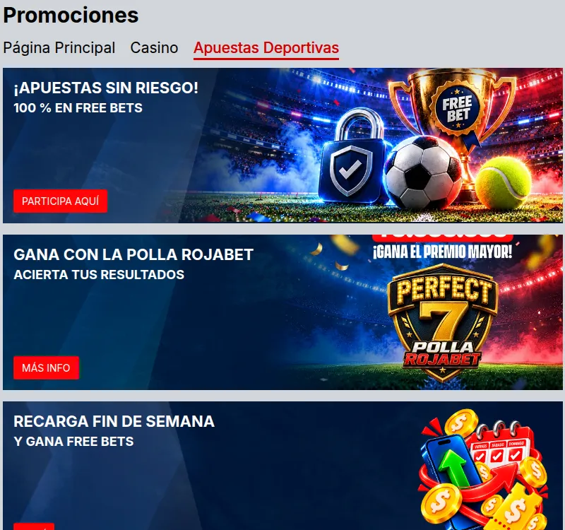 Promociones deportivas de Rojabet: apuestas sin riesgo, Polla Rojabet y recarga de fin de semana
